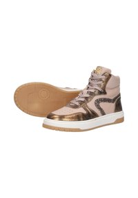 Hoge sneakers in lichtroze met metallic gouden accenten, een gestructureerde afwerking en een gumrubberen zool. Bevat decoratieve glinsterende elementen.