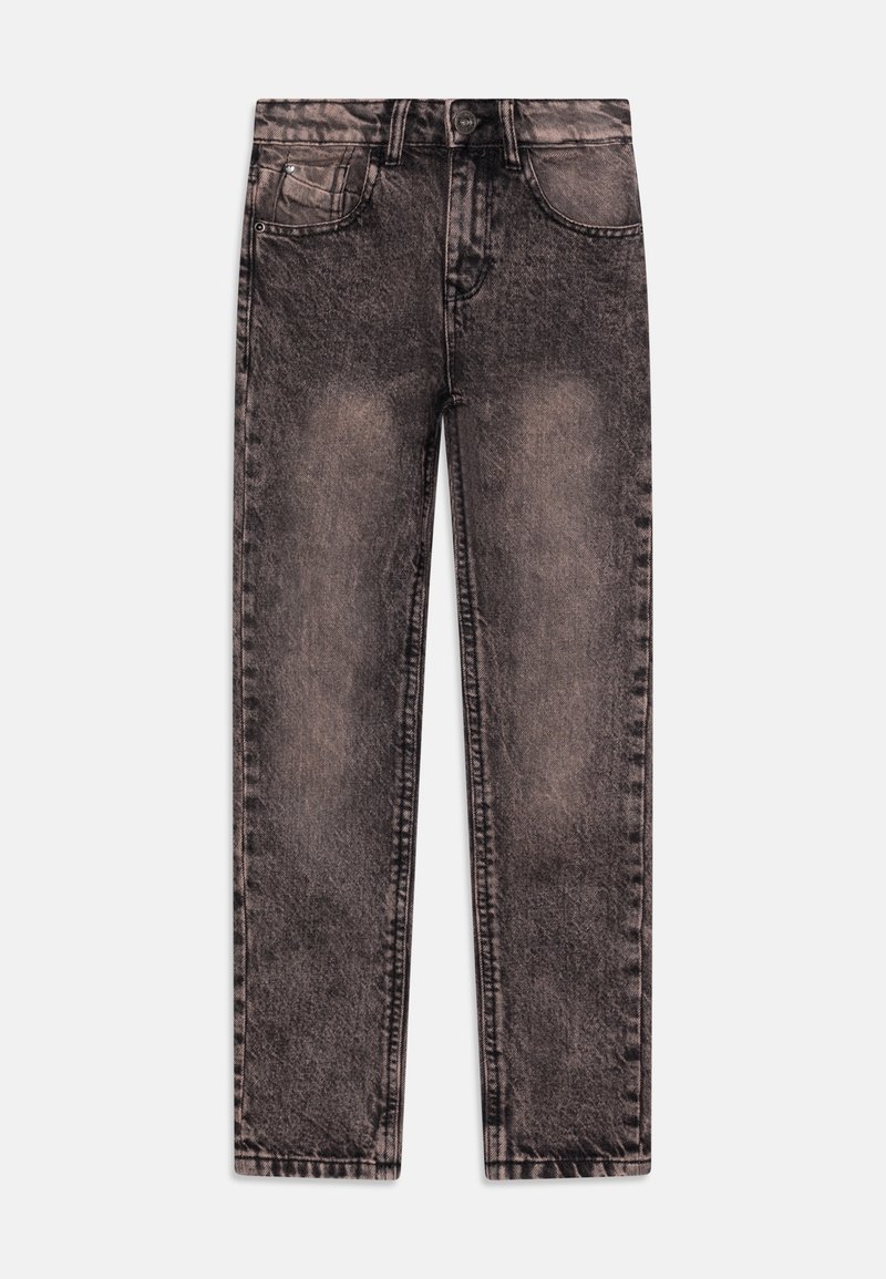 Jeans de mezclilla negra con un patrón gastado y descolorido. Corte recto, diseño de cinco bolsillos, cierre con botón de metal y detalles de costura en contraste.