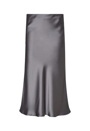 Gonna midi in satin di colore grigio scuro, caratterizzata da una texture liscia, una forma svasata e un design semplice senza fantasie o decorazioni.