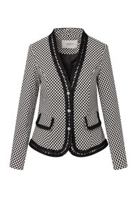Marynarka w biało-czarny wzór houndstooth, o dopasowanej sylwetce, z kontrastowymi wykończeniami, pięcioma guzikami oraz dwiema przednimi kieszeniami.