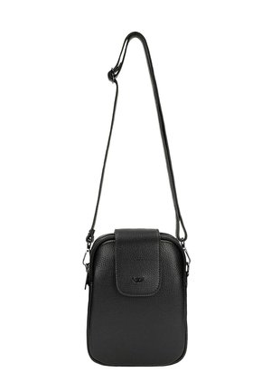 Borsa a tracolla in pelle nera con texture, dotata di patta frontale e tracolla regolabile, forma rettangolare con bordi arrotondati.