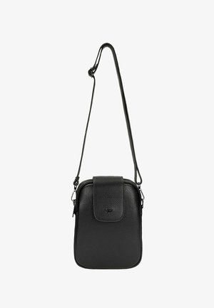 Borsa a tracolla in pelle nera con texture, dotata di patta frontale e tracolla regolabile, forma rettangolare con bordi arrotondati.