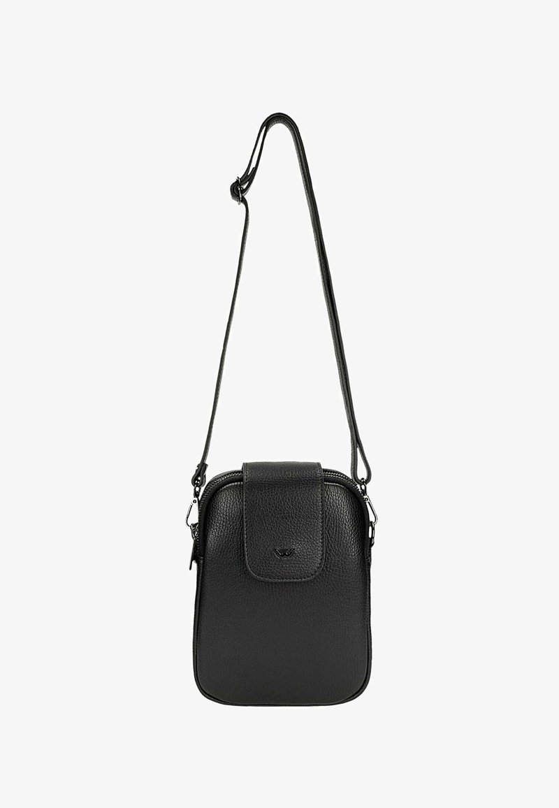 Borsa a tracolla in pelle nera con texture, dotata di patta frontale e tracolla regolabile, forma rettangolare con bordi arrotondati.