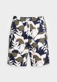 Shorts de bain bleu marine avec un motif de feuilles tropicales en beige et vert olive. Dotés d'une taille élastique, d'un cordon de serrage et de poches latérales.