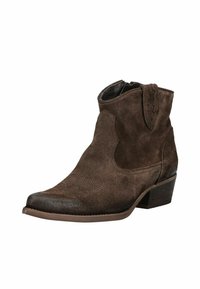 Brown suede ankle boot with a low, stacked heel and pointed toe. Features decorative stitching along the sides and a side zipper for easy wear.