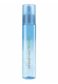 Clear spray bottle with a frosted light blue finish, featuring a translucent cap. Labels in white and green text. Contains shimmering product inside.