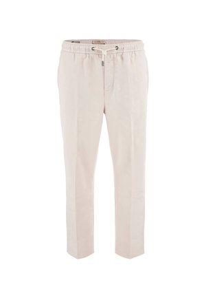 Light beige trousers made of soft fabric, featuring an elastic waistband with a drawstring, tapered legs, and a clean, textured finish.