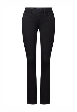 Jeans en denim noir avec une coupe slim, dotés d'une fermeture à bouton, de cinq poches et d'une texture lisse. Design simple avec des détails de couture minimaux.