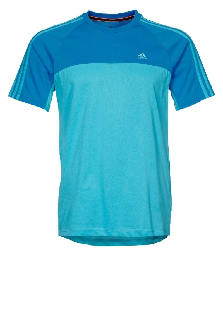 Lyhythihainen urheilupaita vaalean ja tummansinisen sävyissä. Pyöreä pääntie, sileä pinta, hihansuissa kolme raitaa, logodetalji.