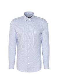 Lichtblauw overhemd met lange mouwen en een klein ruitpatroon, met een button-down kraag en witte knopen. Glad katoen met gestructureerde manchetten.
