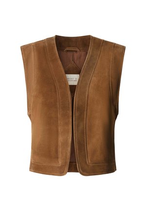 Bruine suède gilet met een V-hals, zonder mouwen en strakke lijnen. Bevat een interieur merklabel en heeft een zachte textuur.