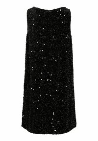 Czarna sukienka bez rękawów o luźnym kroju, pokryta błyszczącymi cekinami dla nadania faktury, z okrągłym dekoltem i prostym dołem.