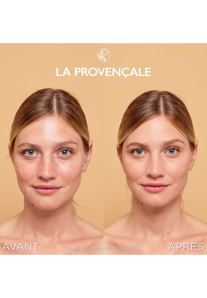 Image avant-après du visage d'une femme. À gauche : peau naturelle avec imperfections ; à droite : teint de peau amélioré, texture plus lisse et traits accentués.