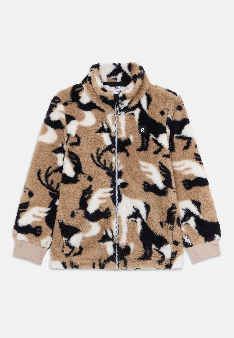 Giacca in fleece beige, nera e bianca per bambini, con zip completa e motivo a stampa animale, dotata di polsini a coste e colletto rialzato.