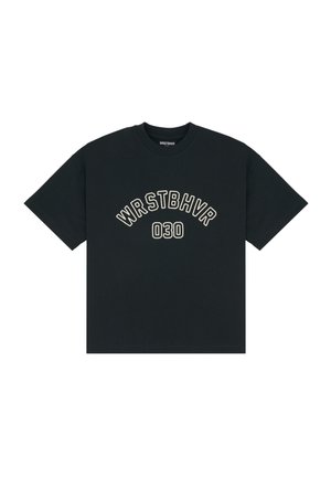 Black cotton t-shirt with short sleeves, rounded neck, and white embroidered text "WRSTBVR 030" in an arch shape across the chest.