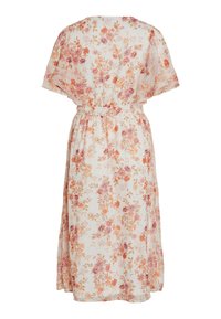 Robe midi blanche avec motif floral orange et rose, manches courtes volantées et taille élastique froncée, vue de dos.