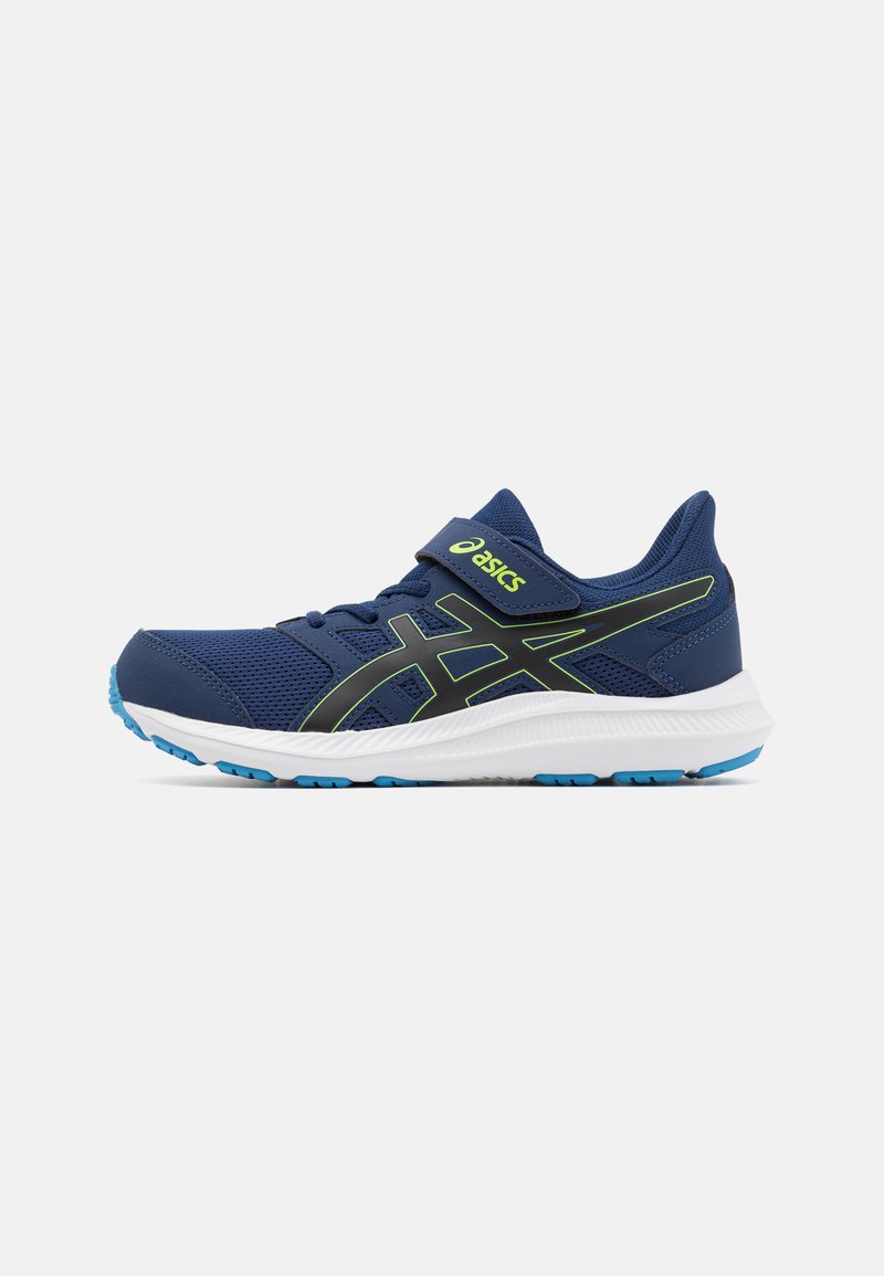 Chaussure de sport bleue avec une tige en maille, des bandes noires, une semelle intermédiaire blanche et des accents bleus. Équipée d'une sangle Velcro pour un maintien sécurisé.