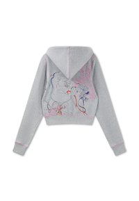 Light gray cropped hoodie with long sleeves, featuring colorful abstract tiger and floral embroidery on the back.