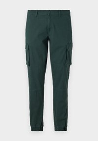 Dunkelgrüne Cargo-Hosen aus Baumwolle mit elastischen Bündchen und mehreren Seitentaschen. Glatte Textur, schmaler Schnitt und Knopfverschluß.