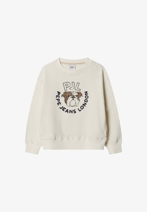 Crèmekleurige sweatshirt met een ronde afbeelding van een bulldoggezicht en de tekst "PJL Pepe Jeans London" in zwart en bruin. Zacht stof.