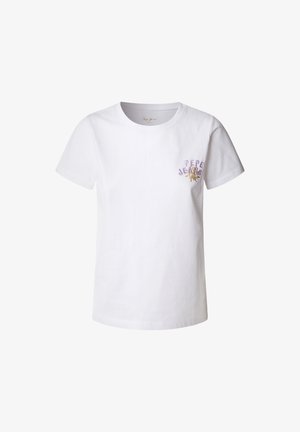 Biela bavlnená tričko s krátkymi rukávmi, s fialovo-zlatou vyšívanou potlačou "Pepe Jeans" na ľavej strane hrude. Hladká textura.