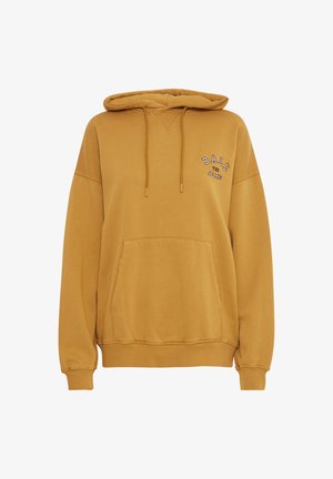 Dzeltena kapuce ar priekšējo kabatu, ribotām aprocēm un mazu izšūtu logo "BALL JEANS" uz krūts.