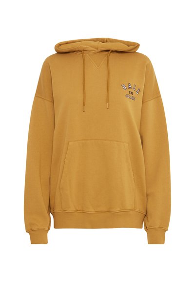 Dzeltena kapuce ar priekšējo kabatu, ribotām aprocēm un mazu izšūtu logo "BALL JEANS" uz krūts.