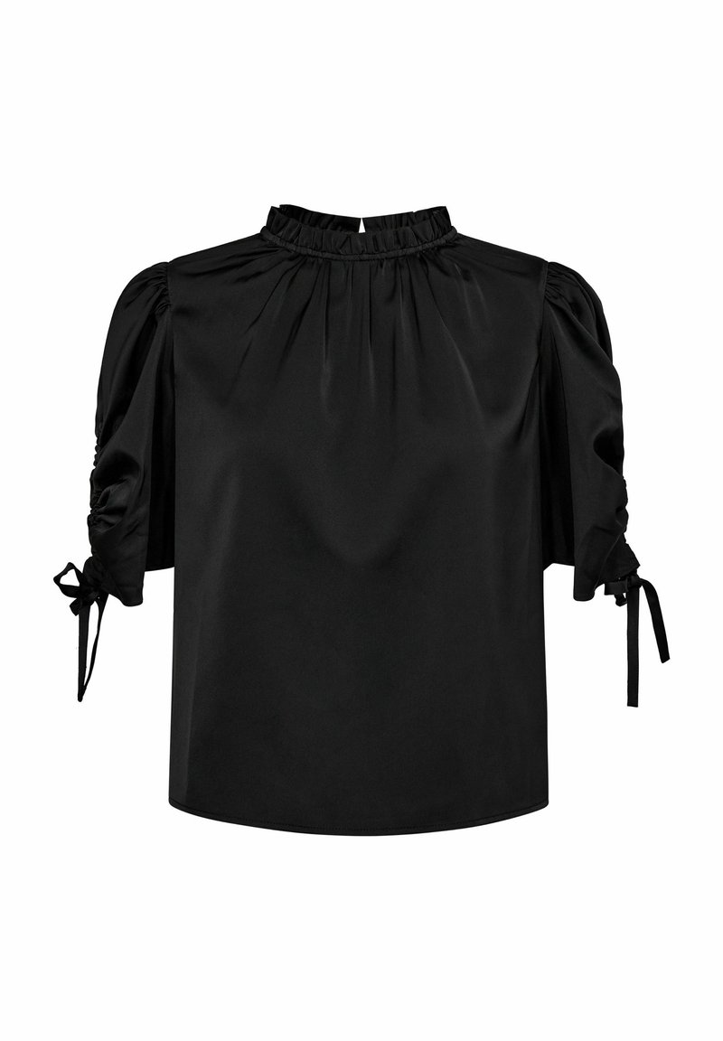 Blusa nera a maniche corte con colletto alto arricciato, maniche a sbuffo gatherate e lacci ai polsi, realizzata in un tessuto liscio.