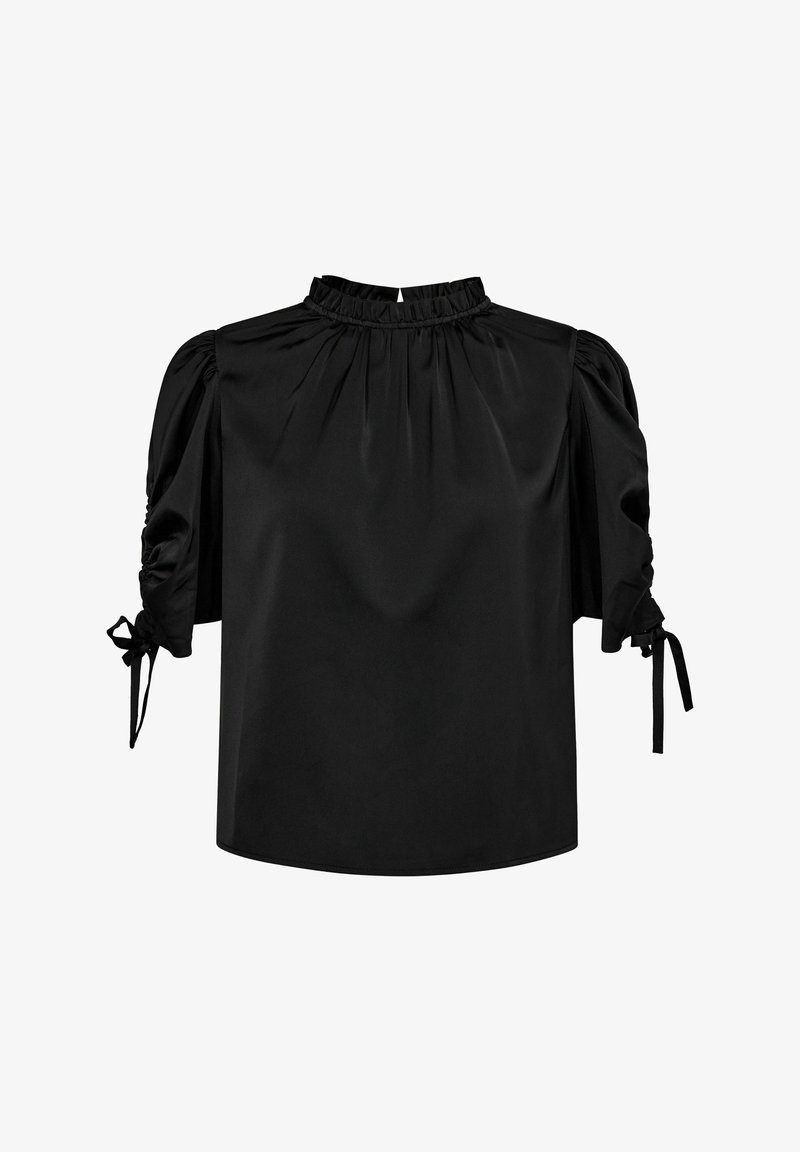 Must mustrõng palkadega blouse, millel on kõrge volangiga kaelus, kokkusurutud puhvseened ja sidemed mansettides, valmistatud siledast kangast.