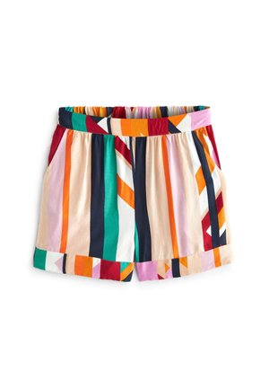 Pantaloncini con vita elastica a righe verticali multicolore in arancione, blu navy, turchese, rosso, rosa e beige, con tasche laterali e orlo risvoltato.