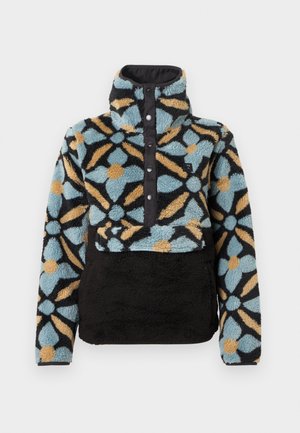 Pulover din fleece cu guler ridicat, având un model floral în albastru, negru și portocaliu, închidere frontală cu capse și secțiune inferioară neagră texturată.