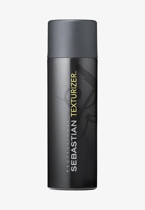 Flacon cylindrique noir élégant de Sebastian Texturizer, avec un capuchon gris mat, arbore un texte audacieux en blanc et jaune, un design minimaliste et une surface lisse.