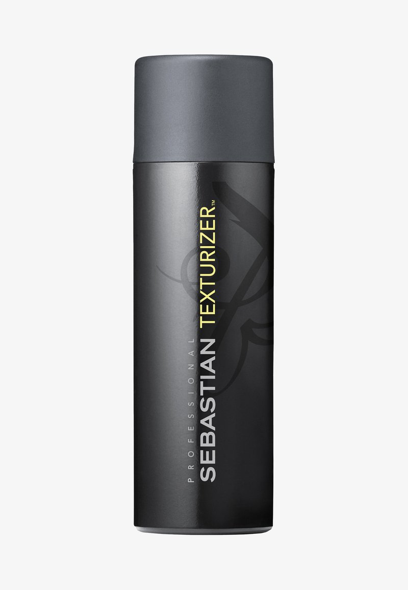 Sebastian Texturizer, elegante bottiglia cilindrica nera con cappuccio grigio opaco, presenta un audace testo bianco e giallo, design minimale, superficie liscia.