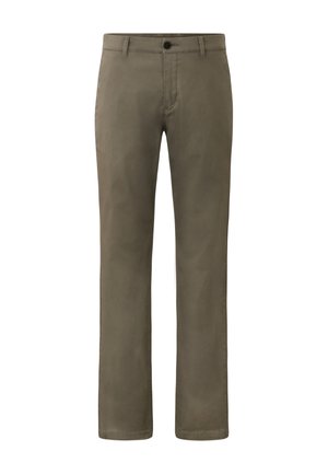 Khaki chinos s rovnými nohavicemi, vyrobené z jemné bavlny. Obsahují zapínání na jeden knoflík a standardní kapsy.