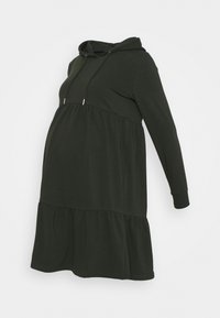 Vestido de maternidade verde escuro, com saia em camadas, mangas longas e capuz com cordão. Feito de tecido macio e elástico.