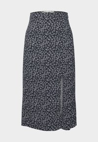 Mitternachtsblauer Midirock mit weißem Blumenmuster, hohe Taille, seitlicher Schlitz und weicher Stofftextur. Klassiker A-Linien-Silhouette.