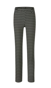 Zwarte slim-fit broek met herhalend wit abstract geometrisch patroon en knoopdetails op de taille.