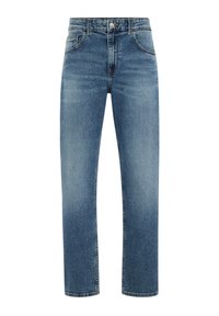 Tiesaus kirpimo mėlynos spalvos džinsai, turintys vidutinio aukščio liemenį, penkias kišenes ir subtilaus siuvimo akcentus. Audinys turi šiek tiek pašviesintą plovimo efektą.