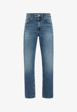 Sirgelised sinised teksapüksid on keskmise kõrgusega vöökohaga, viie taskuga ja peente õmblusdetailidega. Kangas on veidi pleekinud.