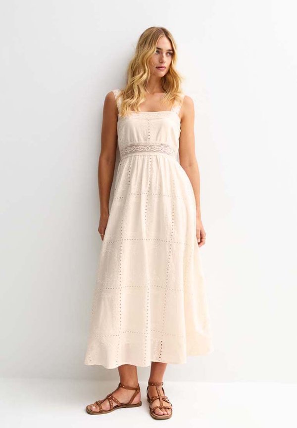 BRODERIE TRIMMED SQUARE NECK MIDI - Freizeitkleid - cream