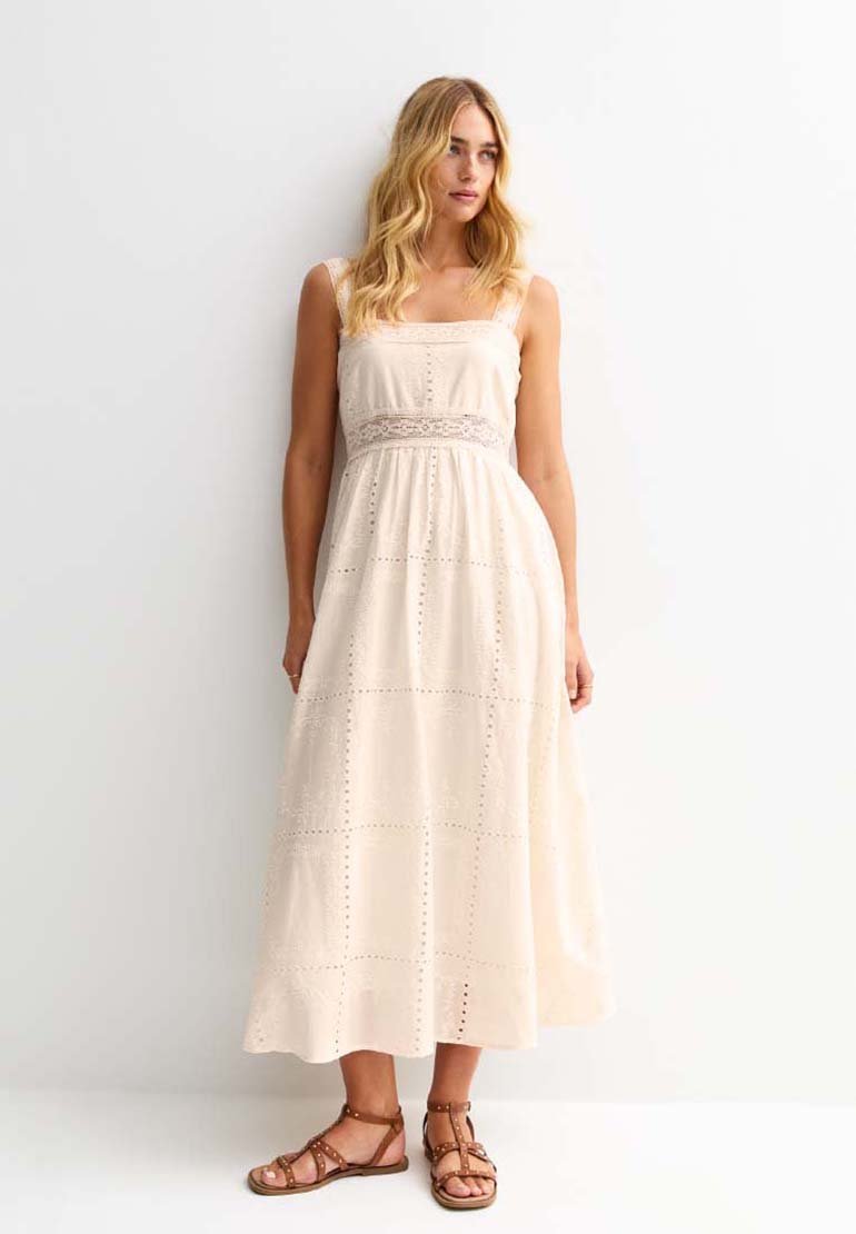New Look - BRODERIE TRIMMED SQUARE NECK MIDI - Jurk - cream, Vergroten