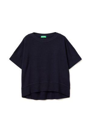 Kurzärmeliger marineblauer Strickpullover mit geripptem Rundhalsausschnitt, Saum und Bündchen, mit etwas längerem Rückenteil.