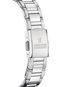 Silberner Edelstahlarmbanduhren mit polierter Oberfläche, ausgestattet mit einer flachen Schließe und miteinander verbundenen Gliedern für eine verstellbare Passform. Mit dem Logo "Festina" versehen.