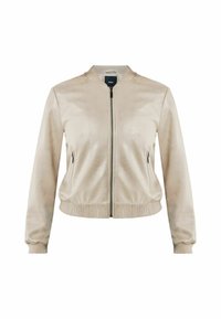 Beżowa kurtka bomberka o błyszczącej teksturze, z zapięciem na zamek, ściągaczami przy mankietach i pasie. Posiada boczne kieszenie z zamkiem błyskawicznym.