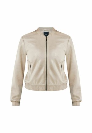 Beige bomberjack met een glanzende textuur, ritsluiting, ribbelmanchetten en een ribbeletail. Voorzien van zijzakken met ritsen.