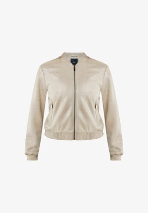 Beige bomberjack met een glanzende textuur, ritsluiting, ribbelmanchetten en een ribbeletail. Voorzien van zijzakken met ritsen.