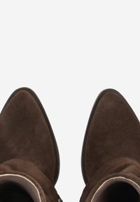 Stivaletti alla caviglia in suede marrone con punte appuntite, caratterizzati da una texture liscia e da minimi abbellimenti, che mostrano l'apertura e il rivestimento interno.