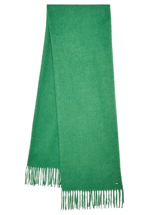 Bufanda de lana verde suave doblada a lo largo con extremos con flecos y una pequeña etiqueta metálica rectangular cerca del borde inferior.