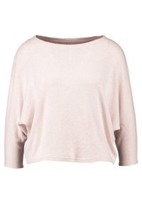 Helles Rosa, lockerer Pullover mit weitem Ausschnitt und Dreiviertelärmeln. Weiche Textur und lässige, kastige Form. Keine sichtbaren Verschlüsse.