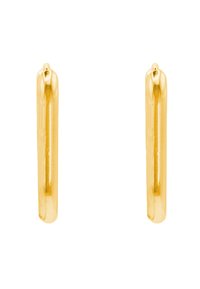Ohrringe aus metall in goldfarbener Optik, die eine schlanke, verlängerte Form mit einer glatten Oberfläche und einer subtilen Kurve an der Oberseite aufweisen, wodurch das Gesamtdesign hervorgehoben wird.